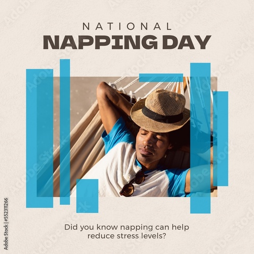 Fotografie Composition of national napping day text with biracial man sleeping