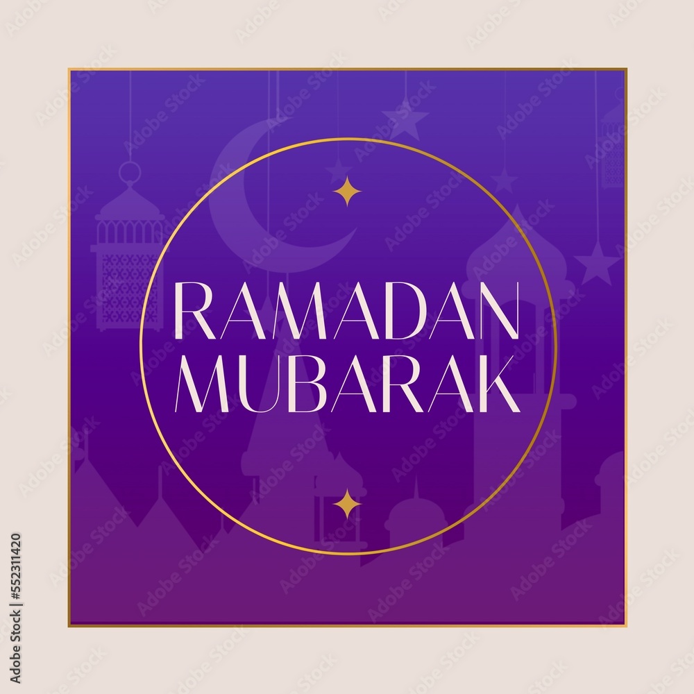 Obraz premium Composition of ramadan kareem text over mosque and crescent moon on purple background