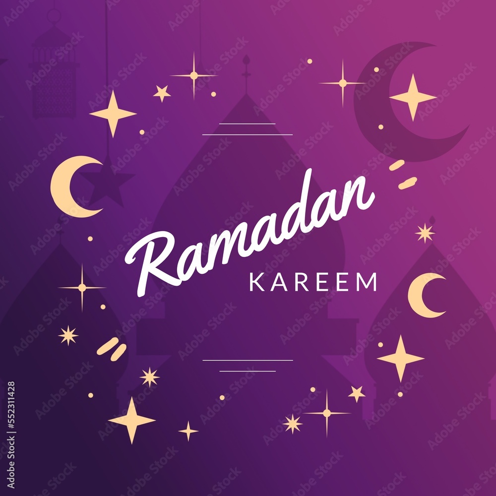 Fototapeta premium Composition of ramadan kareem text over mosque and crescent moon shapes on purple background