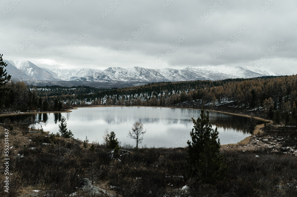 lake on the background of snow-capped mountains