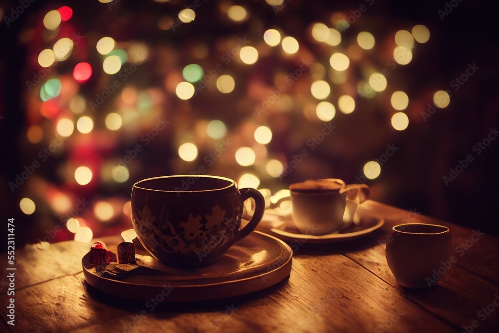 Fototapeta premium Hot coffee in the cafe at Christmas time with beautiful golden bokeh. Generative AI.