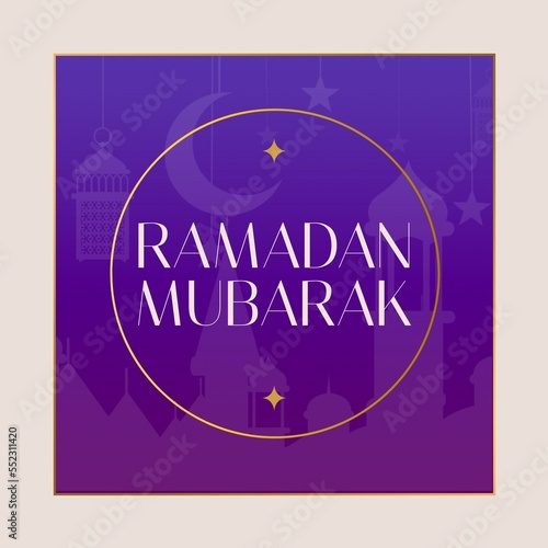 Composition of ramadan kareem text over mosque and crescent moon on purple background
