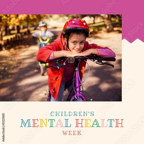 Composition of children's mental health week text and girl on bike