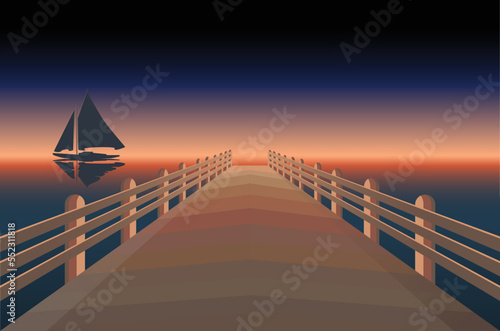Vector art with dock and a boat on a lake in a sunset