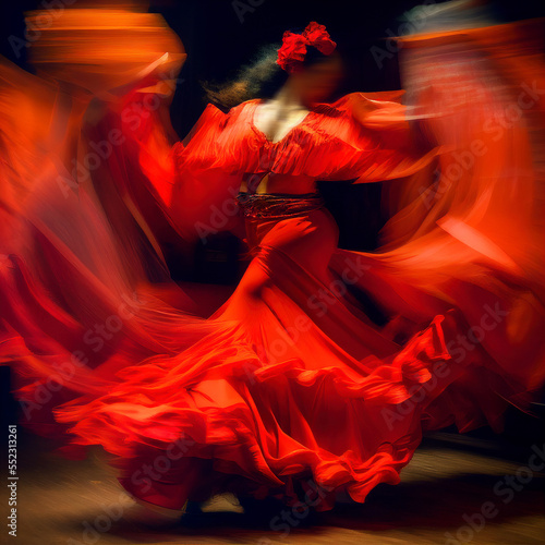 flamenco woman dancing with traditional spanish red dress in spain photo