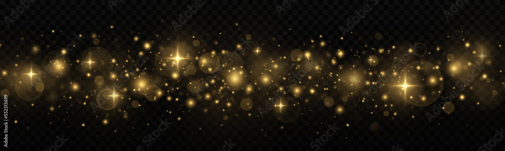 Shining bokeh is isolated on a transparent background. Golden sparks and glitter special light effect. 