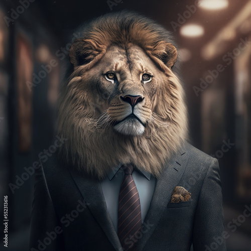 Fearless businessman concept  with handsome lion looking confident in a classical suit