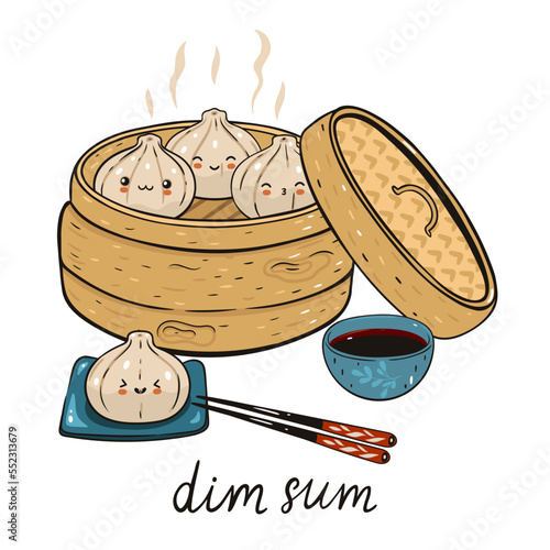 Kawaii dim sum in bamboo steamer isolated on white background. Vector graphics.