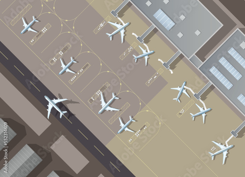 Airport passenger terminal and runway top view. Top down aerial view of a busy airport terminal with parked airplanes. The runway of the aircraft. Buildings hangar for airplanes. Vector llustration