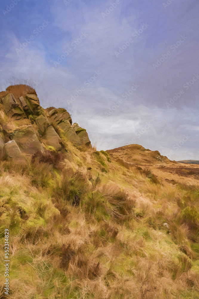 Digital painting of bleak winter panoramic view of Baldstone, and Gib Torr in the Peak District National Park. Digital painting of bleak winter panoramic view of Baldstone, and Gib Torr in the Peak District National Park.