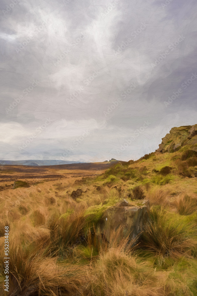 Digital painting of bleak winter panoramic view of Baldstone, and Gib Torr in the Peak District National Park.