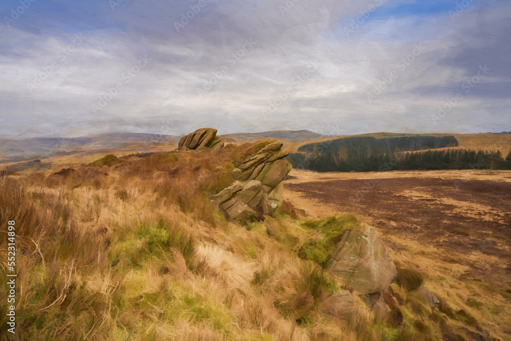 Obraz premium Digital painting of bleak winter panoramic view of Baldstone, and Gib Torr in the Peak District National Park.