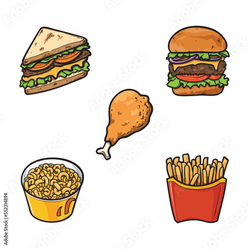 fast food set cartoon. Hand drawn vector illustration