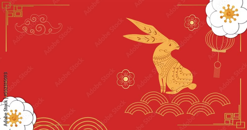 Animation of chinese pattern and rabbit year decoration on red background Animation of chinese pattern and rabbit year decoration on red background