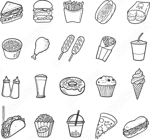 fast food set. Hand drawn vector illustration of hamburger, hotdog, drinks, fries, sandwich, tortilla wrap, donut, pizza, 