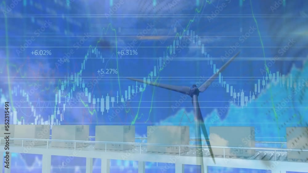 Animation of financial data processing and boxes over wind turbine Animation of financial data processing and boxes over wind turbine
