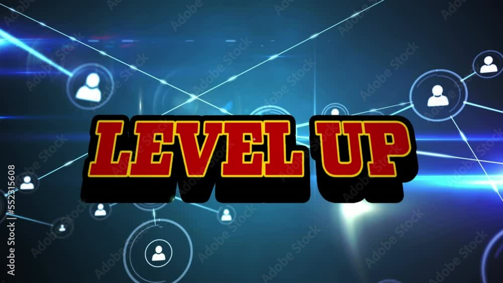 Animation of level up text, profile icons connected with lines, lens ...