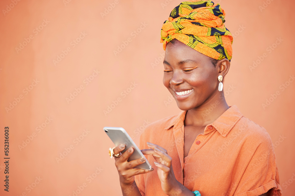 Black woman, head scarf and smartphone for connection, communication and  reading online on studio background. Jamaican lady, phone and girl smile  with traditional head wrap, marketing and mockup. Stock Photo | Adobe