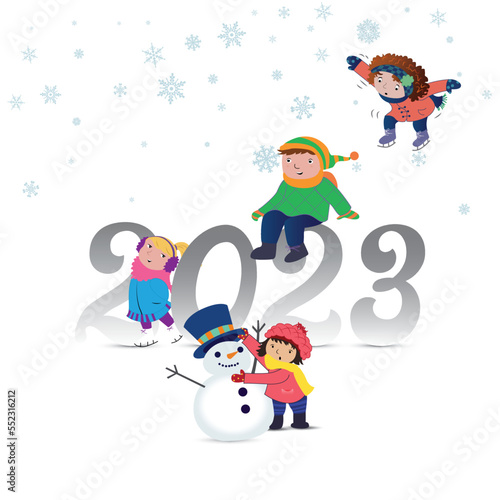 Children playing snow in winter illustration 2023
