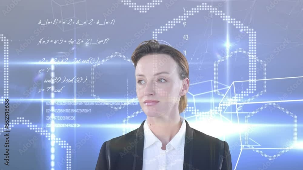 Animation of businesswoman over mathematical data processing Animation of businesswoman over mathematical data processing