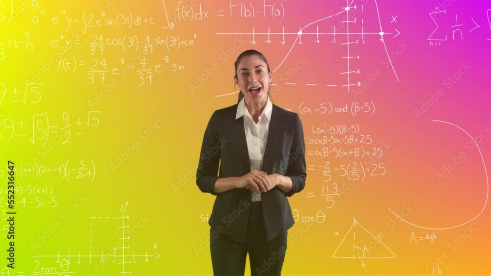Animation of businesswoman over mathematical data processing Animation of businesswoman over mathematical data processing