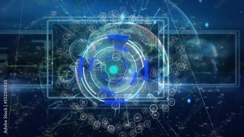 A rotating globe with a network of connections overlaid on top of it A rotating globe with a network of connections overlaid on top of it