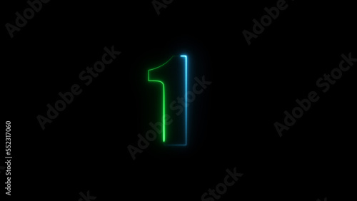 Neon number 1 on black background. One.	