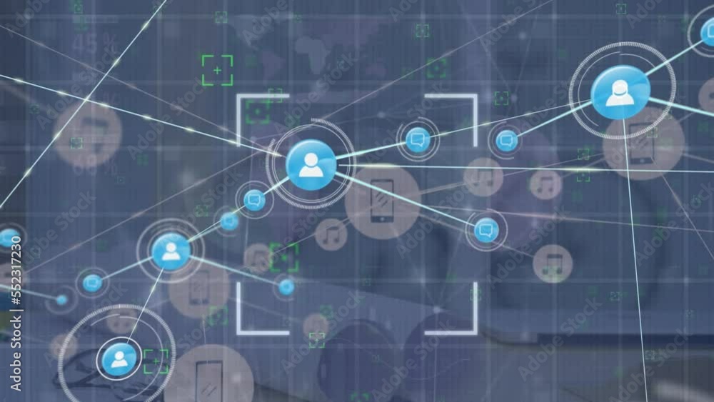 Animation of network of connections with people icons and data processing Animation of network of connections with people icons and data processing
