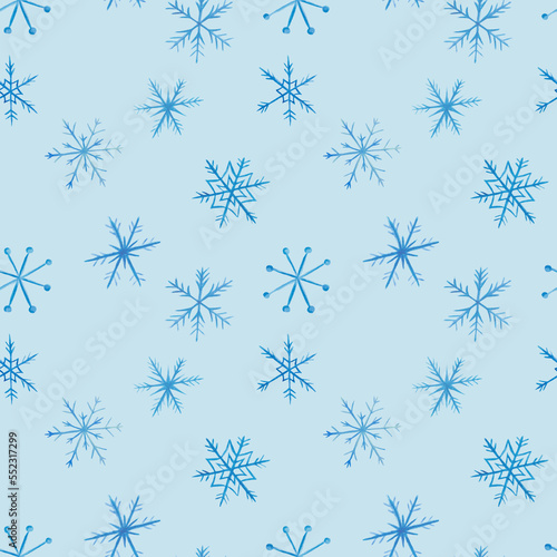 Watercolor seamless pattern. Hand painted illustration of blue snowflakes of ornate shape. Winter snow. Showfall weather. Print on blue background for New Year  Christmas textile  packaging
