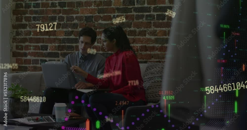 Animation of financial data processing over business people in office Animation of financial data processing over business people in office