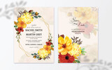 Set of Rustic Red And Yellow Watercolor Flower With Abstract Stain Wedding Invitation