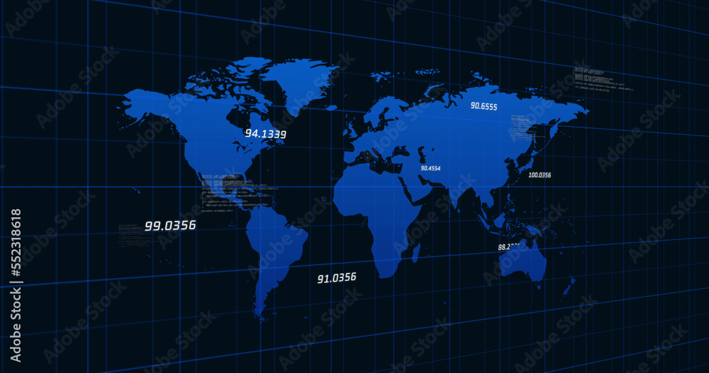 Numbers rising against world map in background Numbers rising against world map in background
