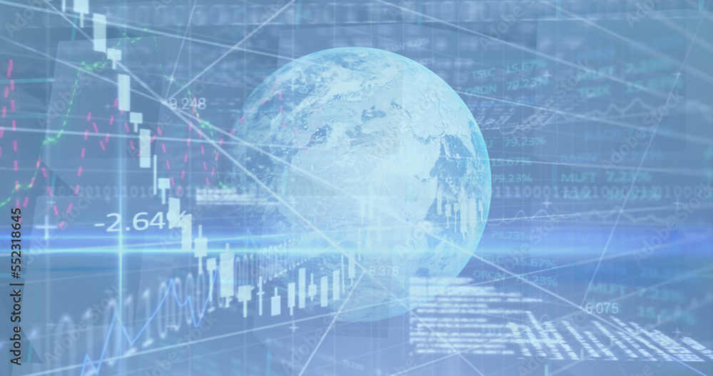 Image of stock market financial data processing over globe Image of stock market financial data processing over globe