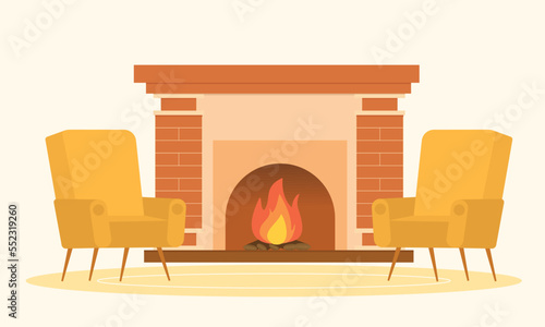 Living room interior. Two cozy armchairs and fireplace with fire. Vector illustration.