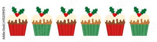 Christmas cake pudding with holly berries decoration border. Traditional Christmas dessert cupcake.
