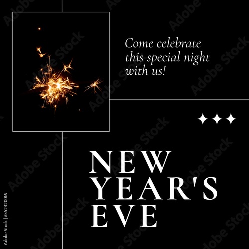 Composition of new year greetings text over fireworks on black background