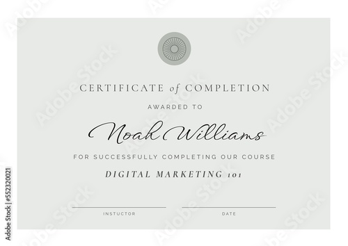 Composition of course completion certificate text over grey background
