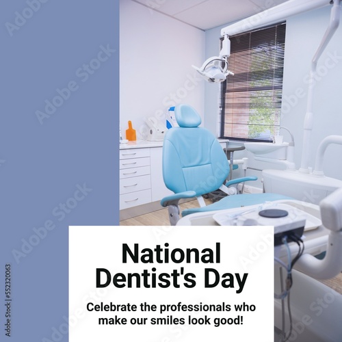 Composition of national dentist's day text and dentist's chair in surgery