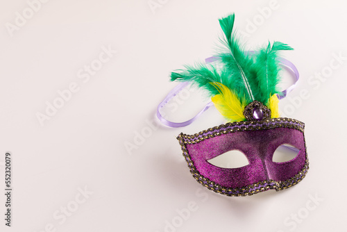 Fototapeta Naklejka Na Ścianę i Meble -  Composition of colourful mardi gras carnival mask with feathers on white background with copy space