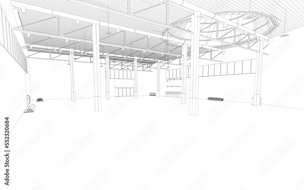Hangar outline from black lines isolated on white background. Warehouse space. 3D. Vector illustration.