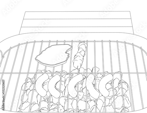 Contour of a brazier with meat and sausages from black lines isolated on a white background. Front view. 3D. Vector illustration.