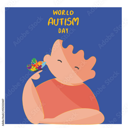 Vector illustration of world autism day.Cartoon drawing of child with jigsaw puzzle and butterfly. Autism symbolic.