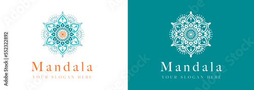 Logo diseño mandala colores sencillo elegante geometría sol mar azul naranja terapias masaje 
