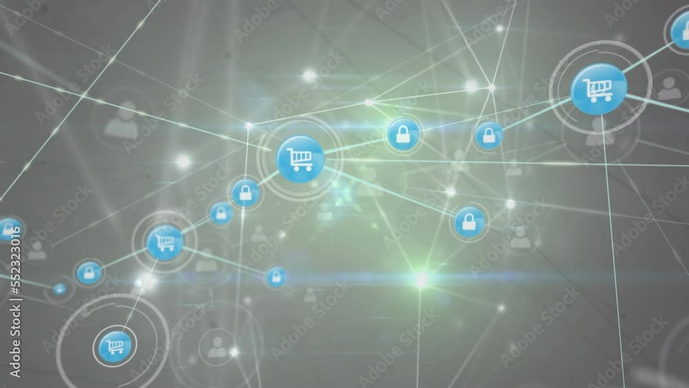 Animation of network of connections with icons on dark background Animation of network of connections with icons on dark background