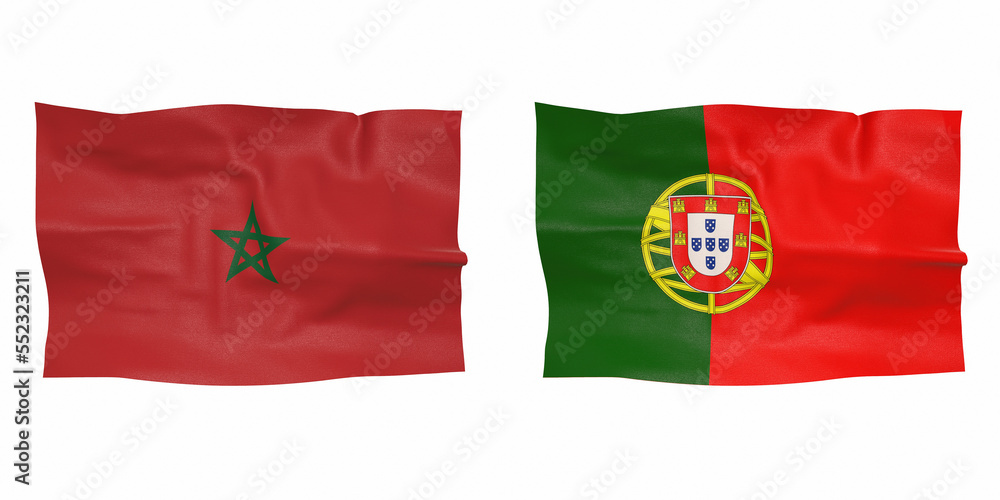 Flags of the football quarterfinalists Portugal Morocco 3d-rendering