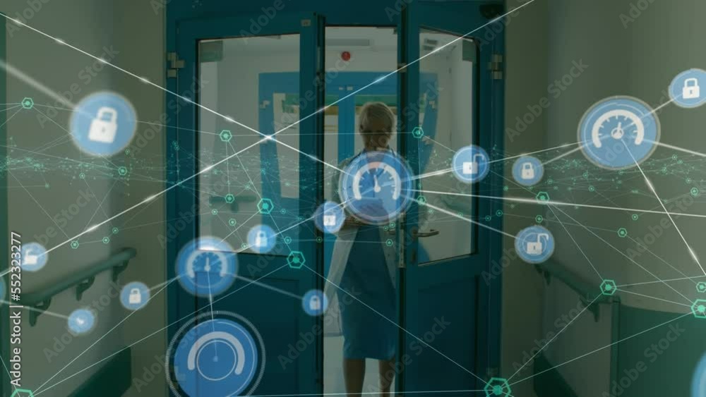 Animation of network of connections with spots over female doctor Animation of network of connections with spots over female doctor