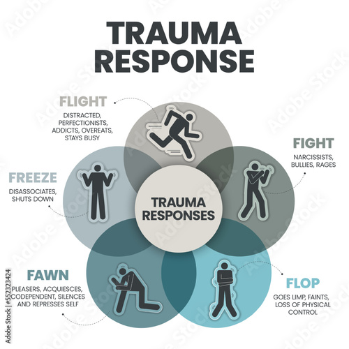 Fear Responses Model infographic presentation template with icons is a 5F Trauma Response such as fight, fawn, flight, flop and freeze. Mental health and Personality Type concept. Education vector. photo