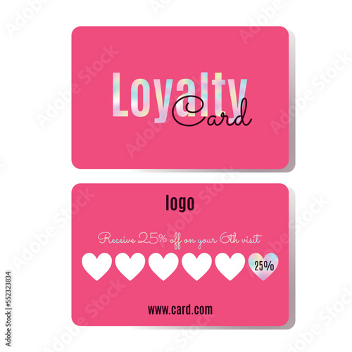 Loyalty Card Vector Template. Pink card for customers with hologram. VIP card with 25% discount for salon or cafe clients.