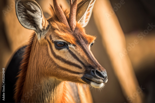Zoo animal up up and personal: a brown western sitatunga Generative AI photo