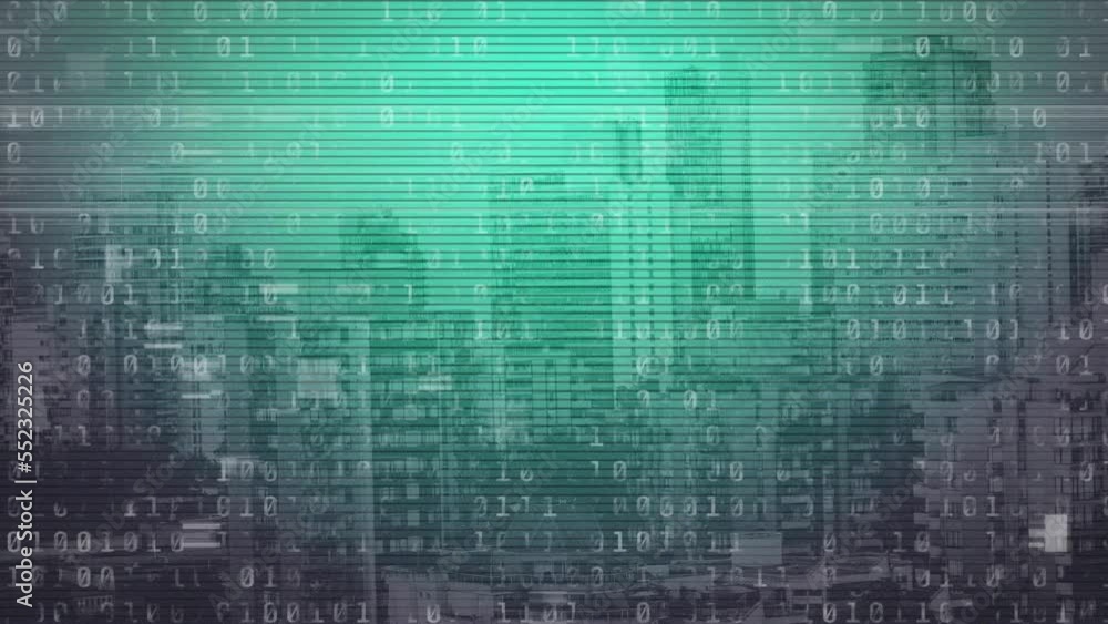 Animation of binary data processing on green lined screen over modern cityscape Animation of binary data processing on green lined screen over modern cityscape